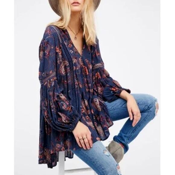 Free People Just The Two Of Us Paisley Blue Tunic Top Dress Size S - Picture 1 of 12
